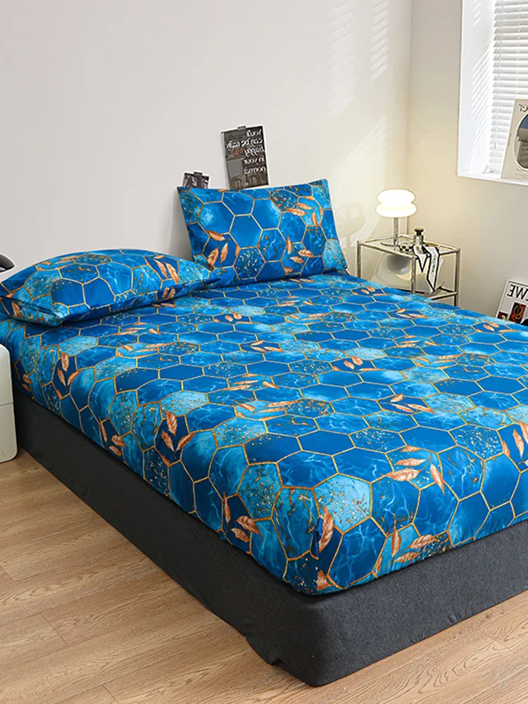 Duvet cover polyester imprimé motifs hexagonaux bleu doré housse de