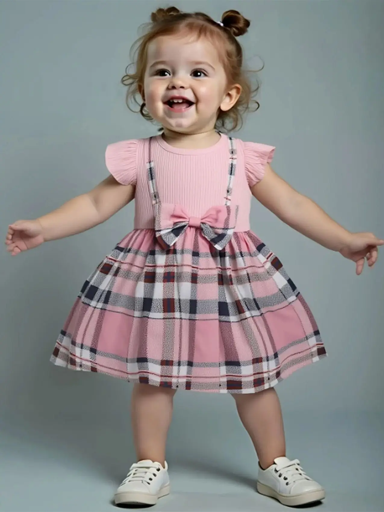 Robe à carreaux rose pour bébé fille tenue sans manches à volants nœud décoratif style mignon étoffe douce été