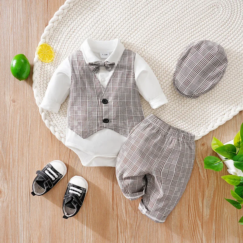 Ensemble bébé garçon style british gilet chemise pantalon chapeau tenue automne 13M motif carreaux élégant con