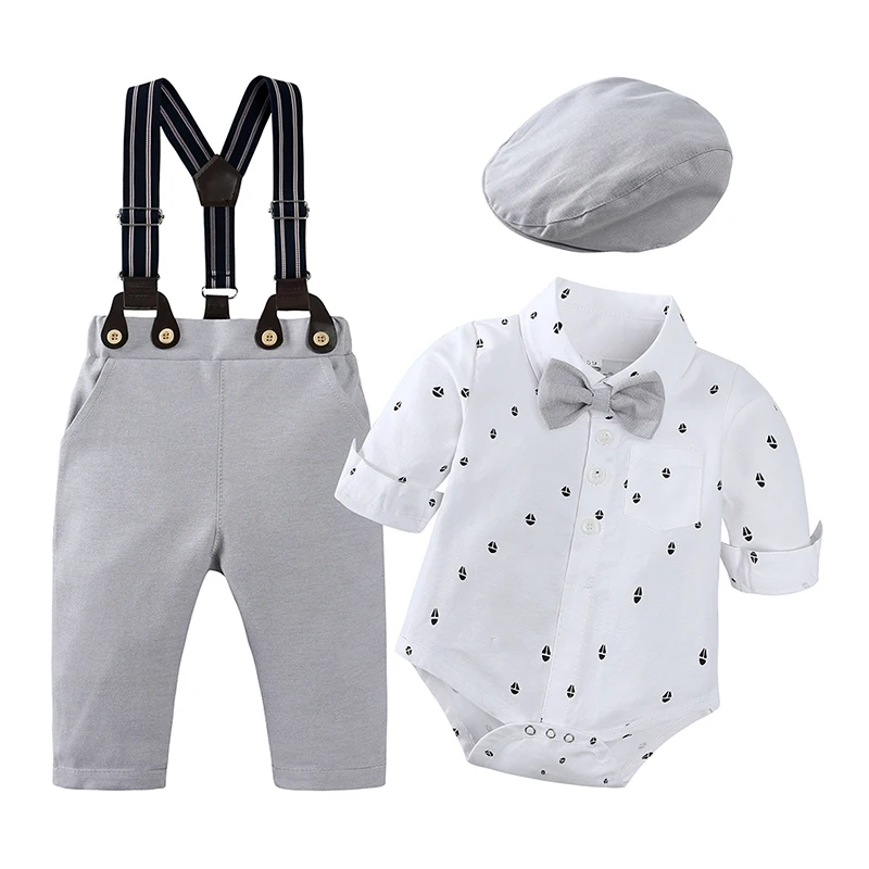 Ensemble Formel pour Bébé Garçon Tenue de Gentlemen Body à Nœud Papillon Pantalon Gris Chapeau Béret Linge pou