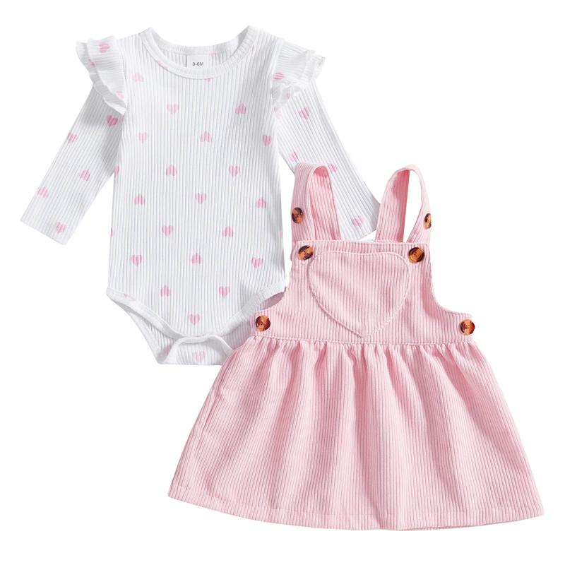 Ensemble vêtements bébé fille body rayures salopette bretelles imprimé cœur 2 pièces matériau coton doux idéal