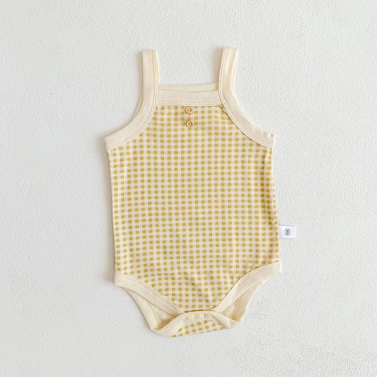 Bodysuit bébé fille été sans manches coton doux motif plaid jaune style moderne bébé 02 ans vêtements conforta