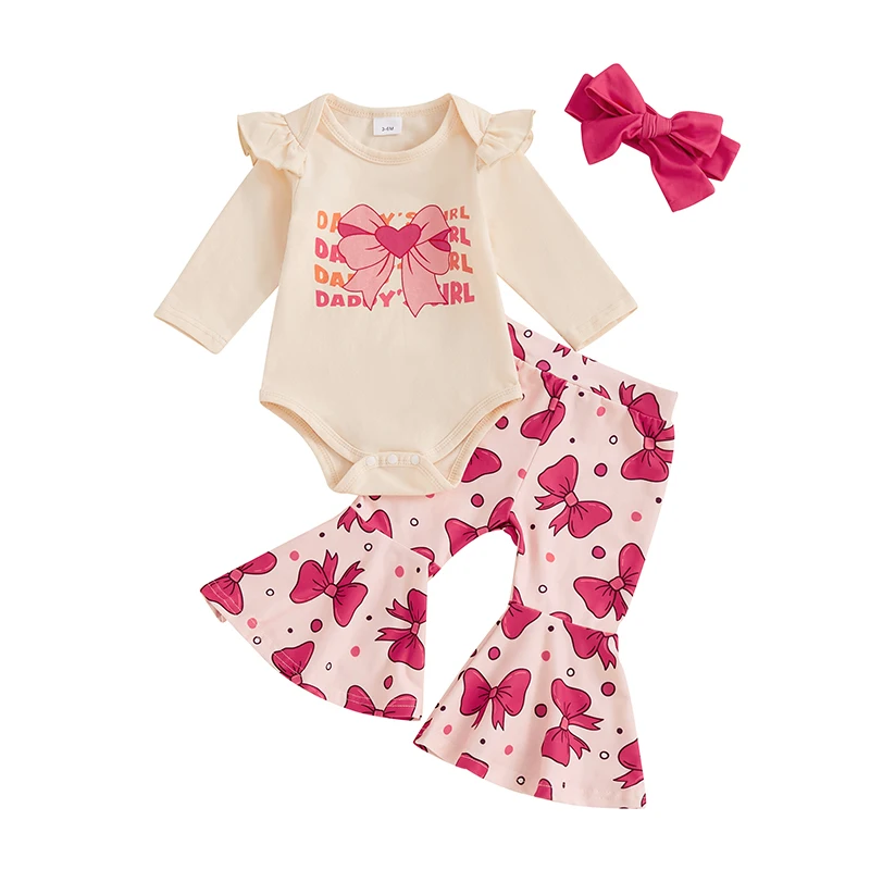 Ensembles vêtements bébé fille romper manches longues pantalon évasé élastique bandeau nœud 3 pièces