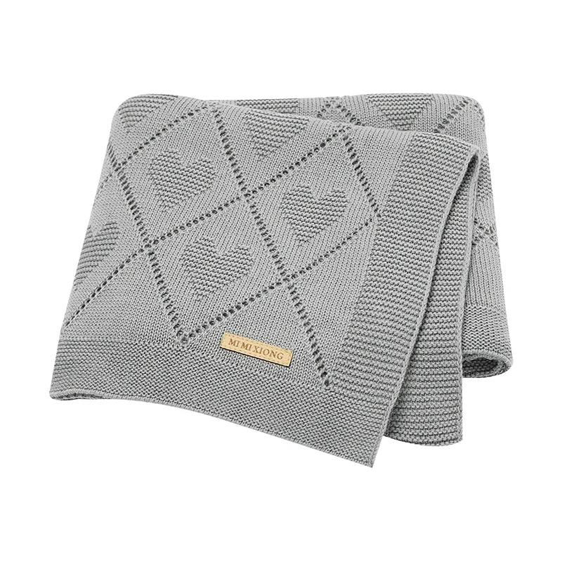 Couverture bébé tricotée douce cœurs MI MI XIONG 90x70cm gris clair Usage poussette lit couchage