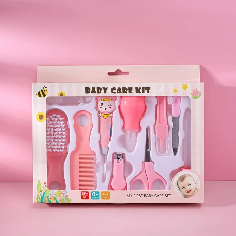 Kit soin bébé 10 pièces accessoires hygiène brosse ciseaux coupeongles pipette aspirateur nez design floral ro