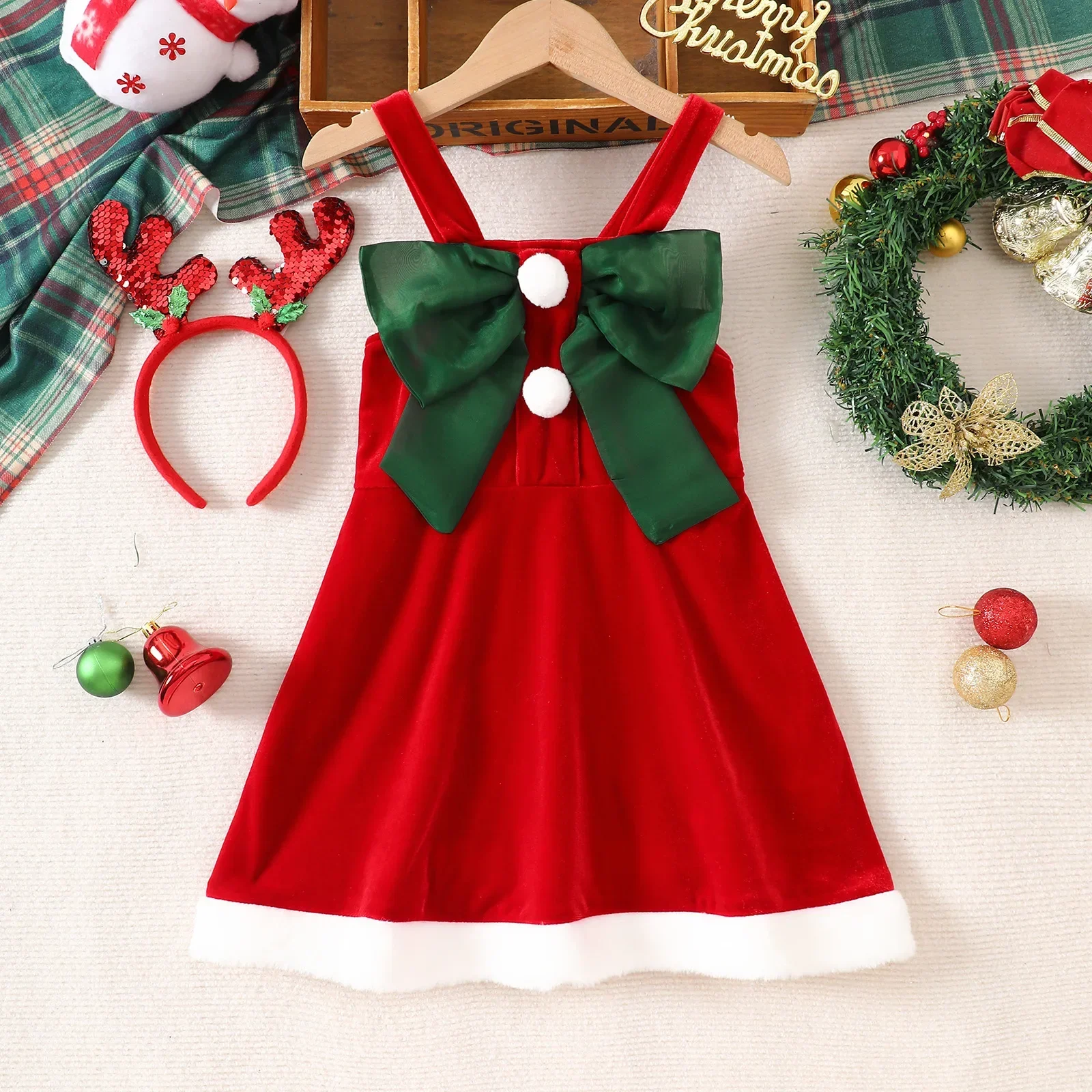 Robe de Noël pour filles robe en velours rouge avec nœud vert fausse