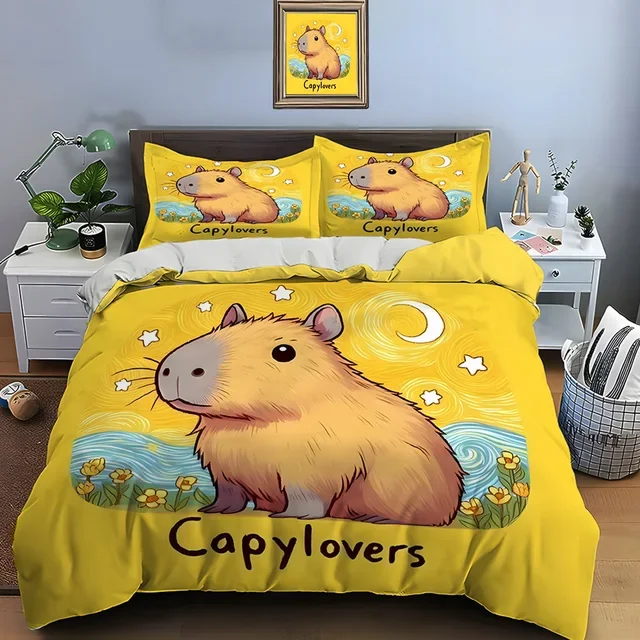 Ensemble literie capybara mignon housse couette 2 taies oreiller bambou hypoallergénique design cartoon cadeau