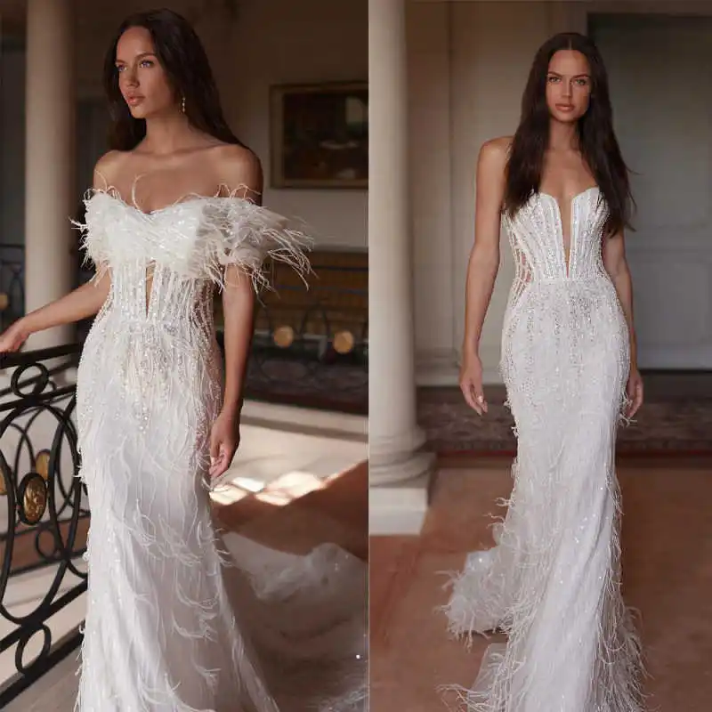 Robe de mariée sirène magnifique robe de soirée épaules dénudées dentelle plumes robes d'occasion spéciale per
