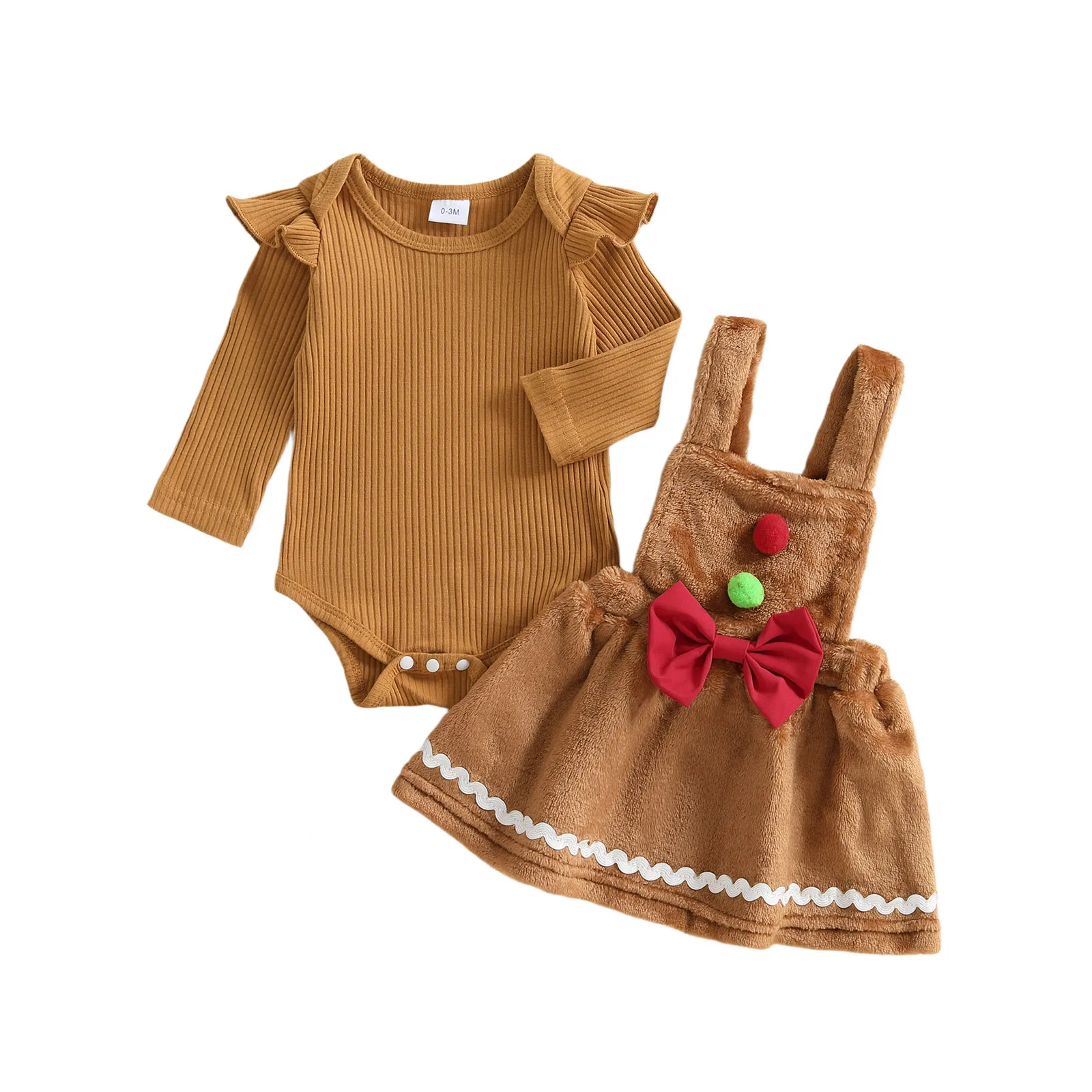 Tenues de Noël pour bébés filles 03 mois ensemble bodysuit côtelé et robe peluche manches longues volants nœud