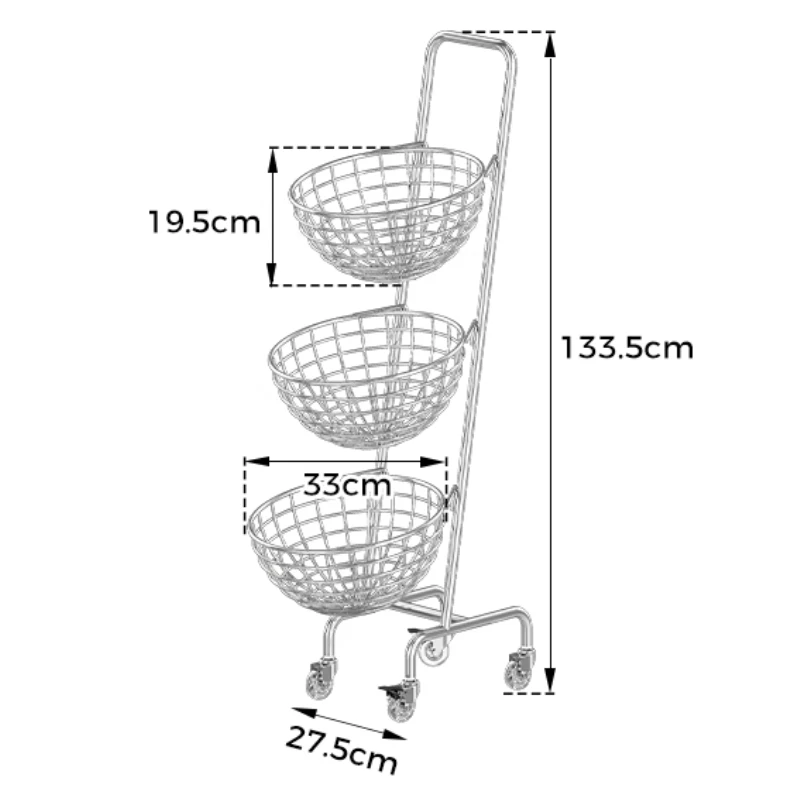 Rangement cuisine métal fruits légumes 3 paniers ronds roulettes support mobile design moderne chrome