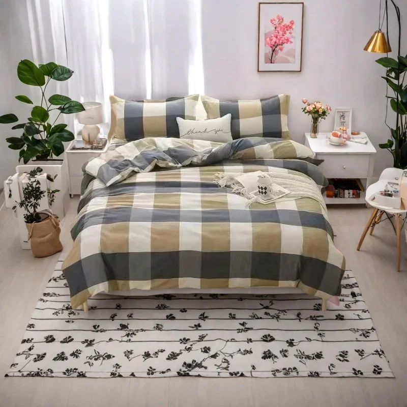 Ensemble housse de couette oreillers motifs carreaux modernes 150x200cm literie douce chambre adulte adolescen