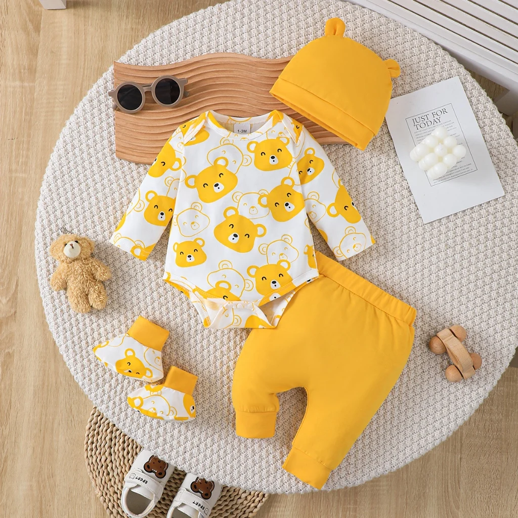 Ensemble 4 pièces ours pour bébé garçon 09 mois | Body jaune pantalon bonnet chaussons | Cadeau naissance mign