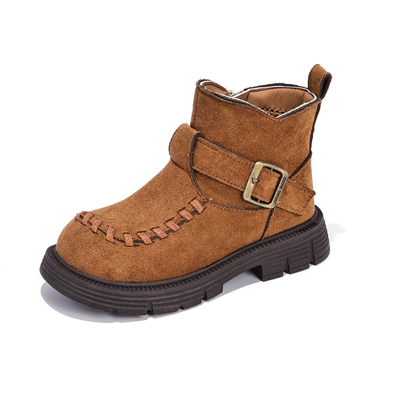 Bottines enfants confortables cuir synthétique brun arrondies sangle boucle usage quotidien mode enfant fille 