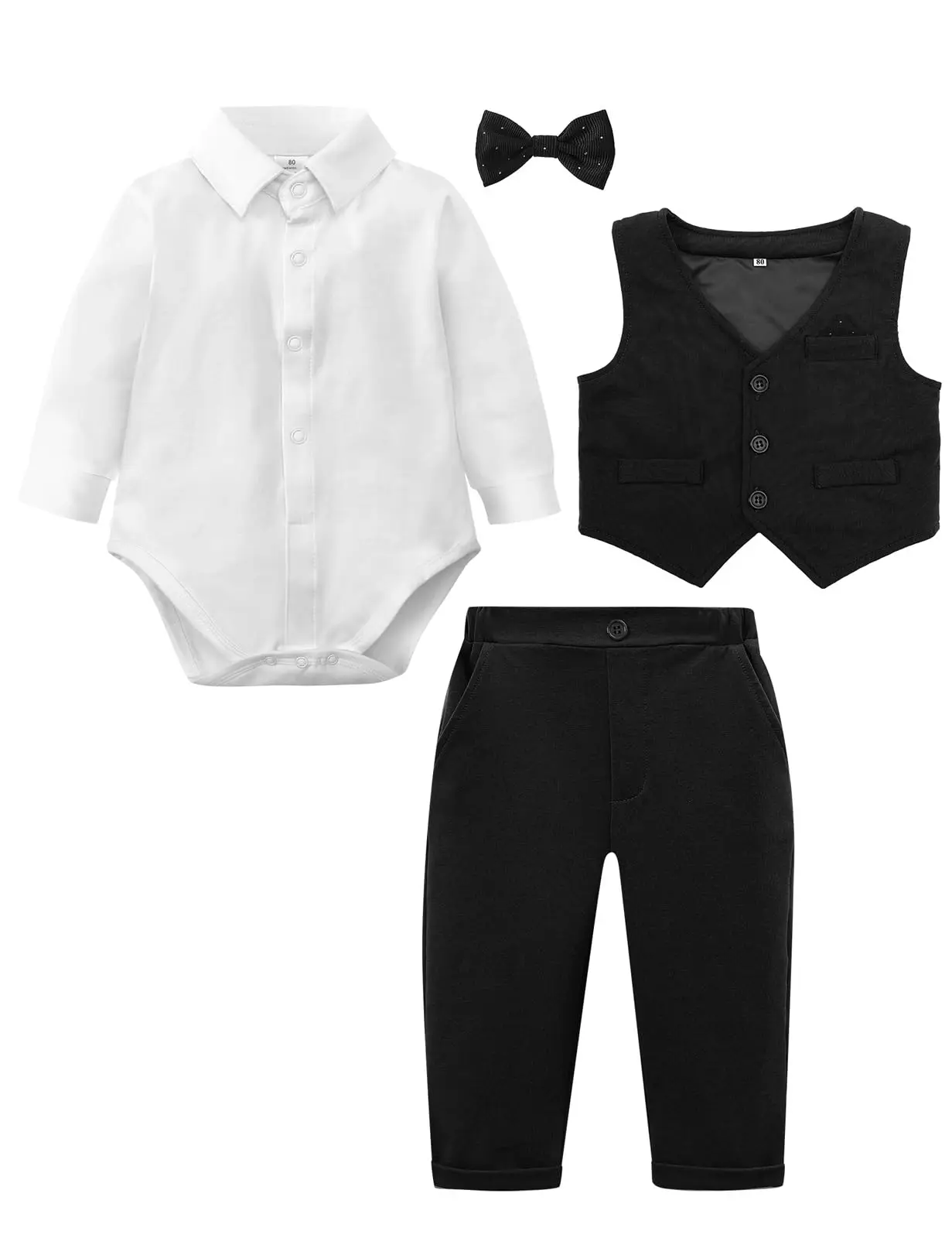 Costume bébé garçon formel tenue mariage 1er anniversaire chemise gilet pantalon noeud papillon coton doux sty