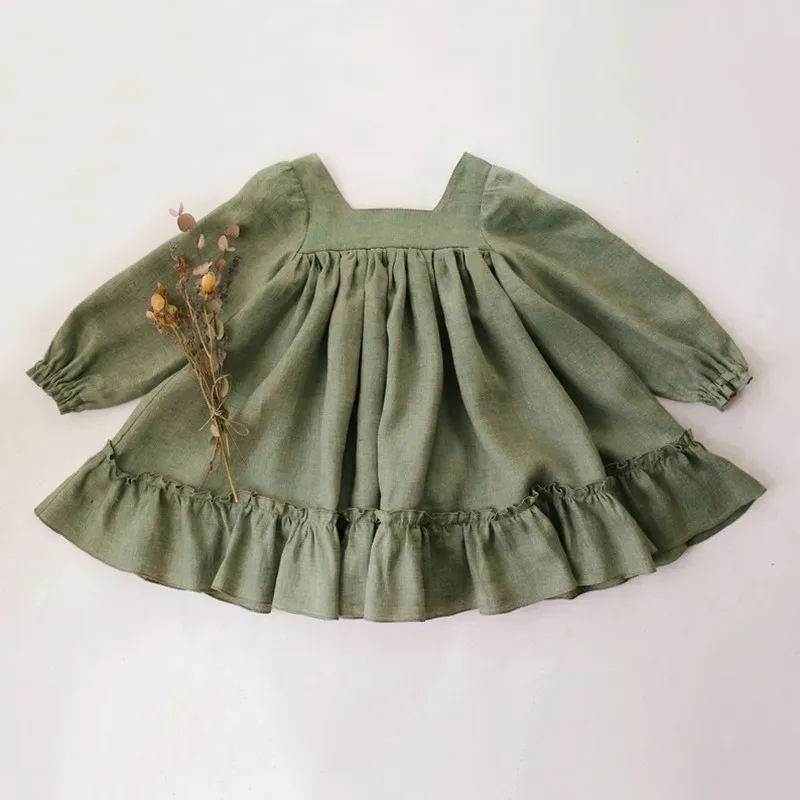 Robe printemps fille coton lin fille élastique manches longues ruché