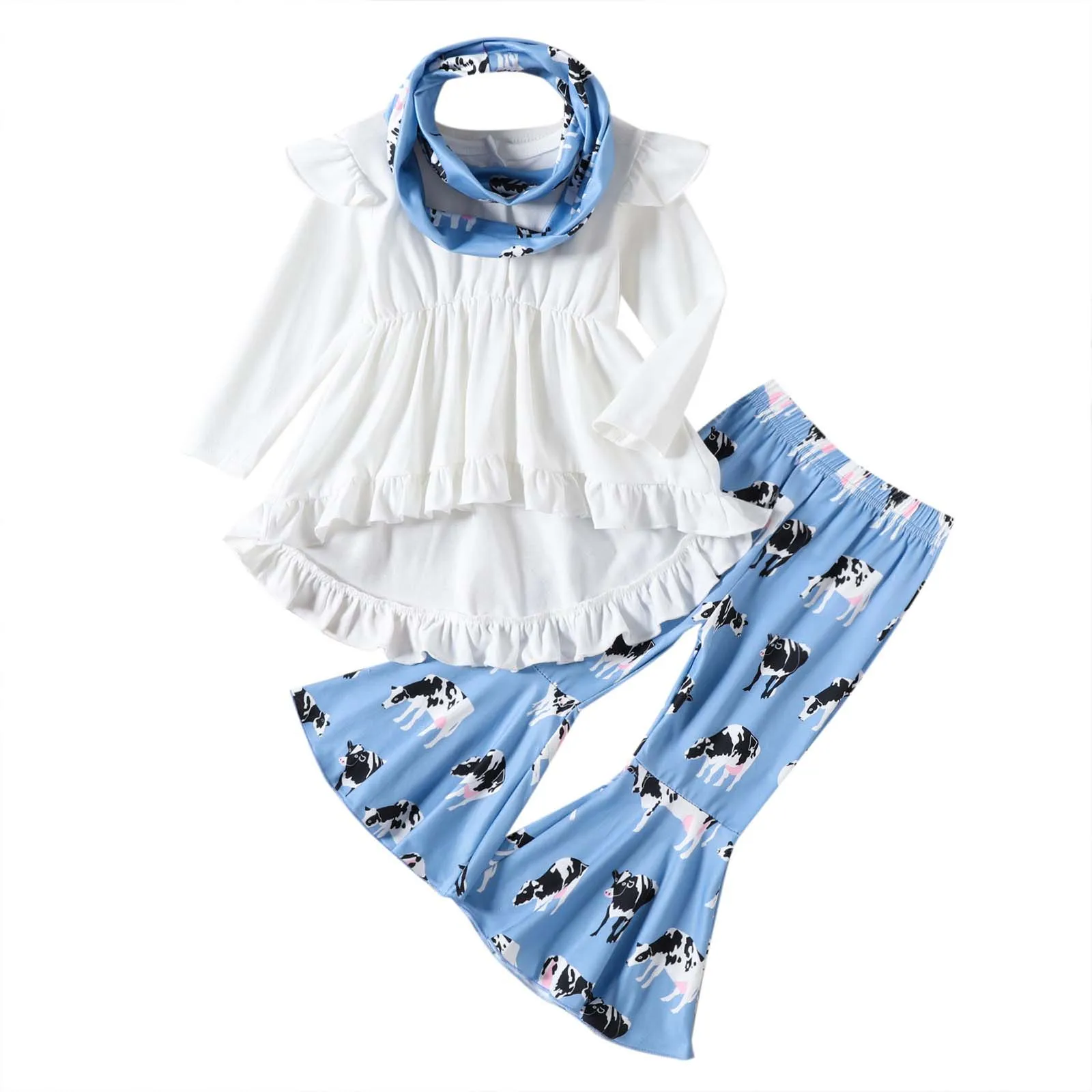Ensemble vêtements bébé fille haut à manches longues pantalon évasé écharpe assortie motifs vaches couleur ble
