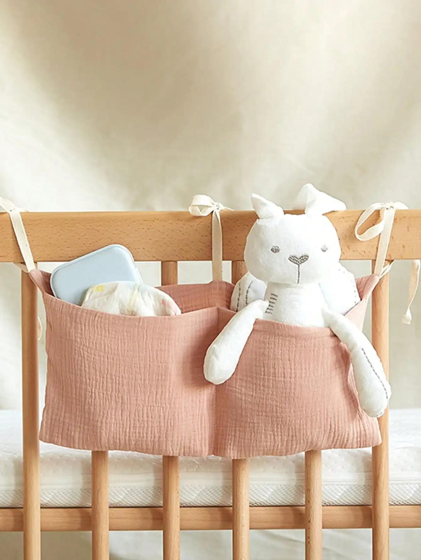 Sac de rangement suspendu en gaze de coton pour tête de lit bébé 2 poches organisation couches et accessoires 