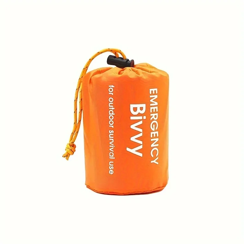 Sac de couchage d'urgence polyester orange compact avec cordon de serrage pour survie extérieur 1 pièce
