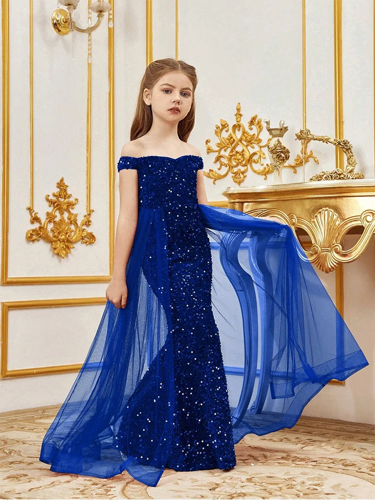 Robe de Soirée Fille Élégante sans Manches Paillettes Tulle Fête