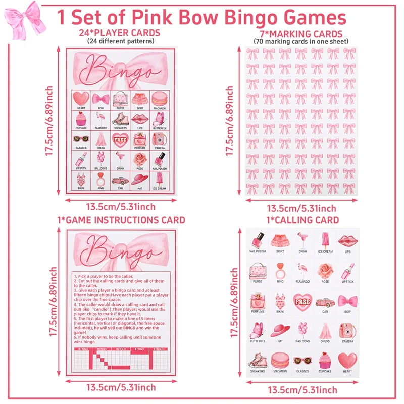 Jeu de Bingo thème nœud rose 24 cartes 70 numéros cadeau anniversaire