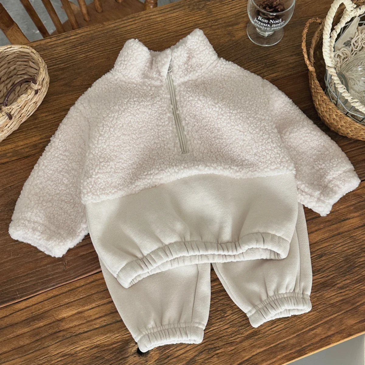 Ensemble vêtements bébés 13 ans sweatshirt et pantalon polaire tenue décontractée hiver/automne beige et rose
