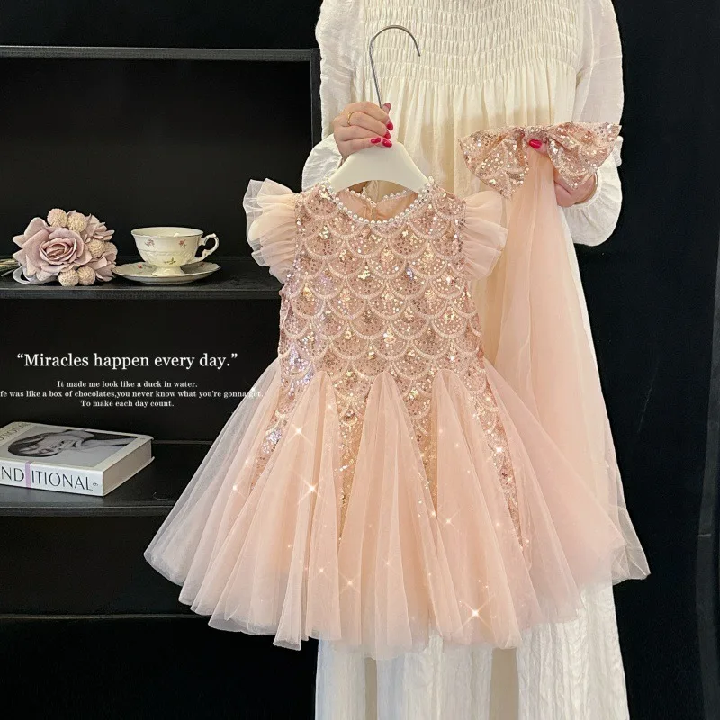 Robe de soirée d'été pour filles élégante en maille manches volantes paillettes débardeur princesse 2025