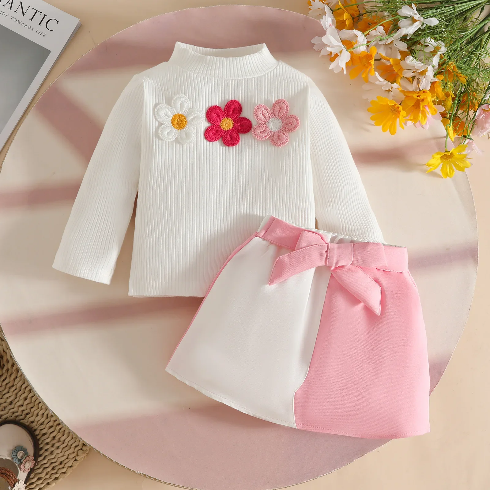 Ensemble de tenues pour bébé fille 03 ans col montant fleurs haut côtelé jupe nœud vêtements fête mignons déco