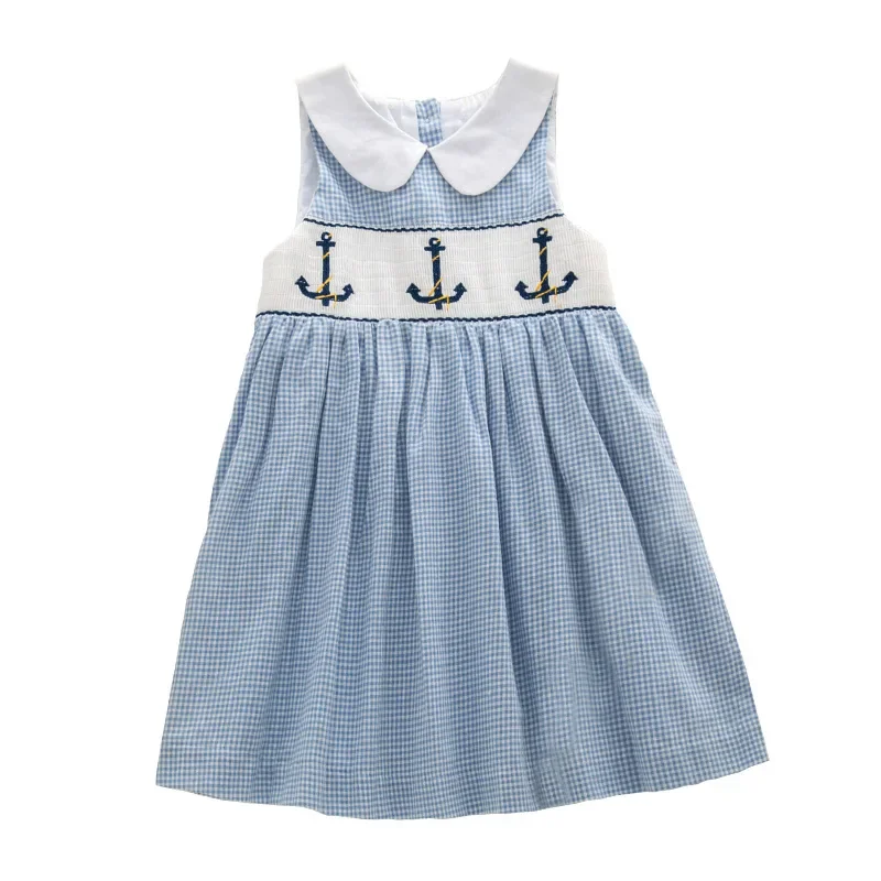 Robe bébé fille espagnole brodée sans manches vêtement d'été coton style nautique taille ajustée robe une pièc