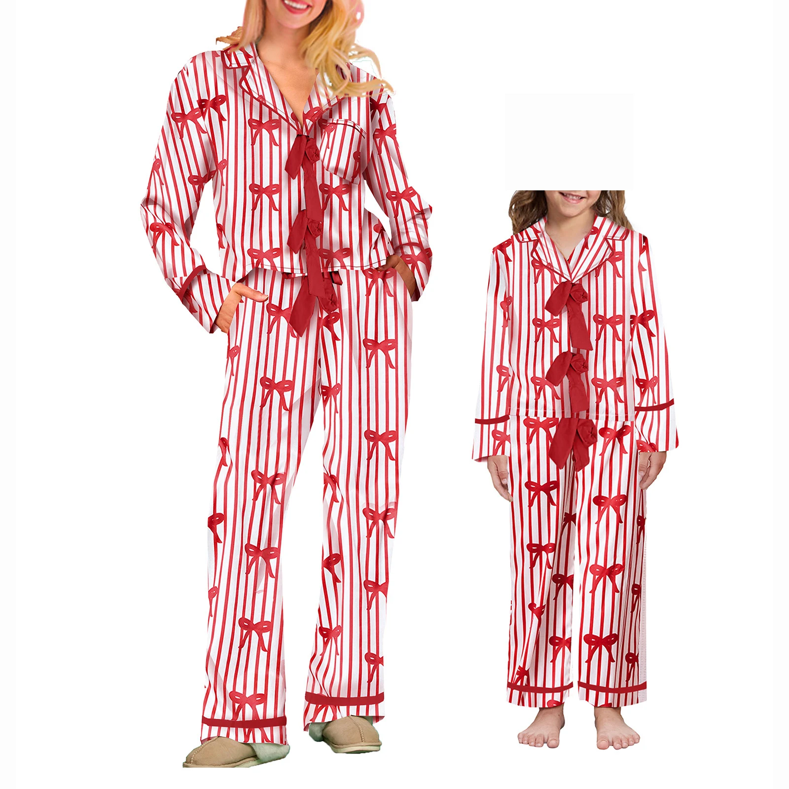 Pyjama assortis maman et enfant Fête rayures nœuds soft coton Pantalon 2 pièces Confort style moderne famille 