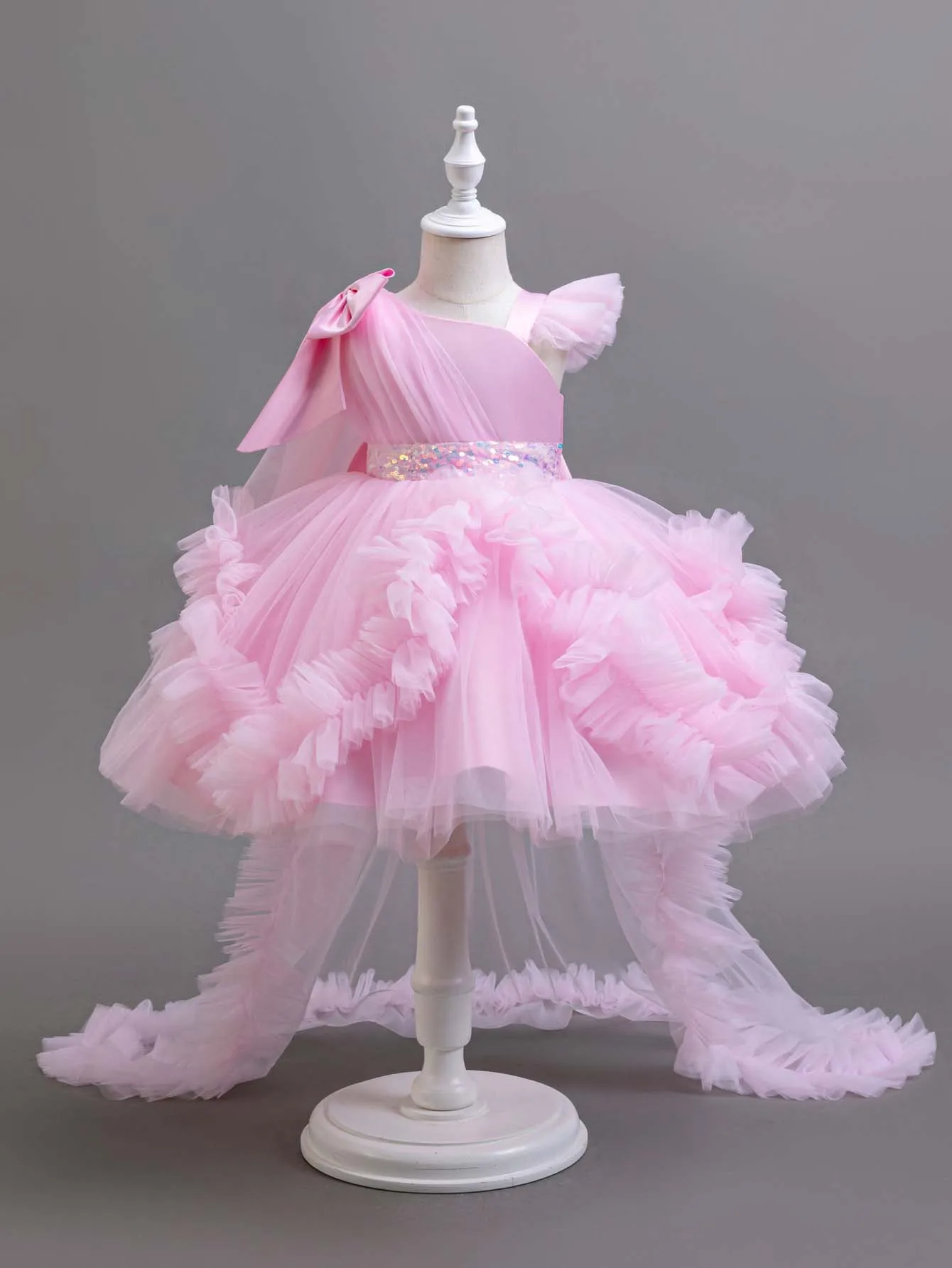 Robe de bal pour enfant en tulle rose pailletée sans manches détails nœud occasion festive anniversaire Noël g