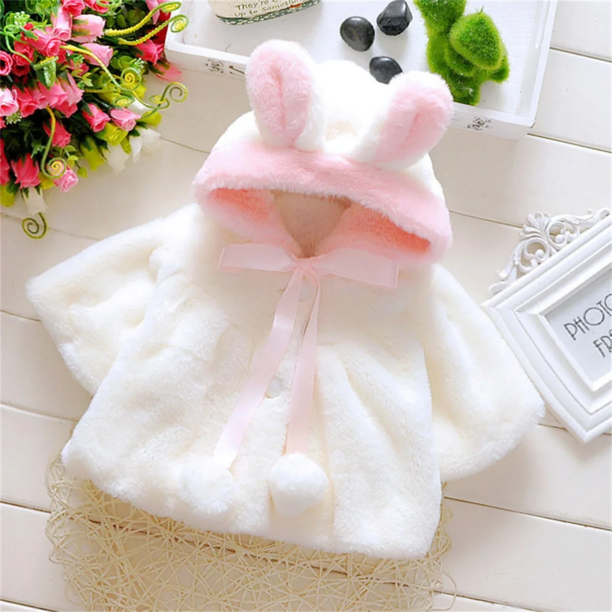 Veste d'hiver pour bébé fille douce et mignonne chaude à capuche oreilles de lapin pull en laine vêtements min