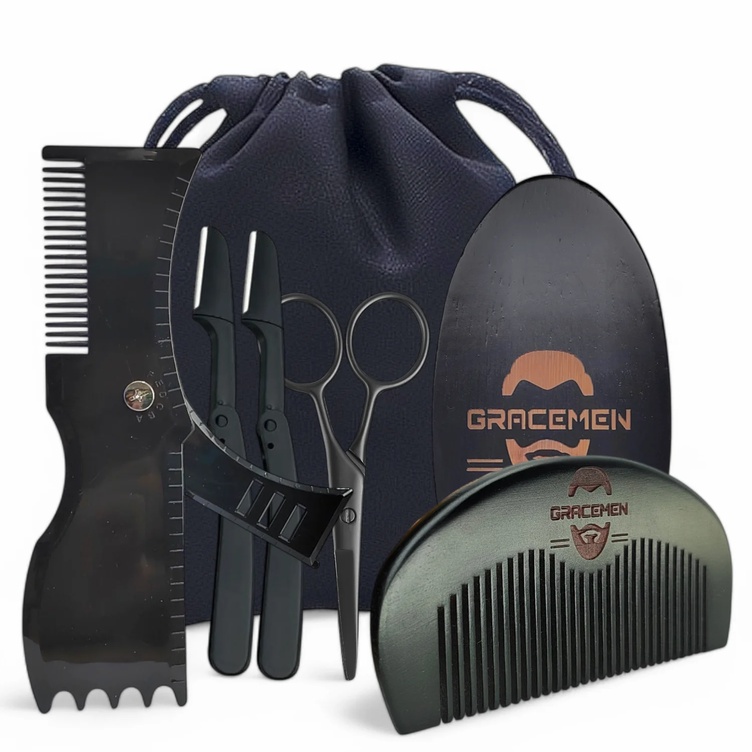 Kit de toilettage barbe Gracemen 6 en 1 Peigne brosse ciseaux sac de voyage soins barbe accessoires homme