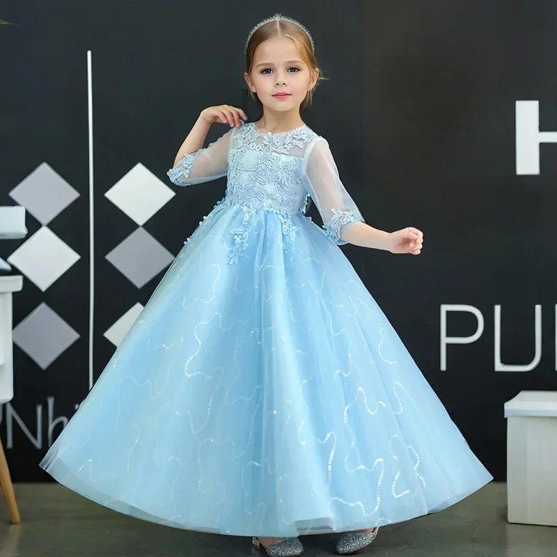 Robe de princesse en dentelle manches longues robe de mariée pour enfants demoiselle d'honneur mode enfant flo