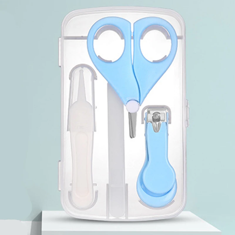 Ensemble de soin ongles bébé 4 pièces ciseaux coupeongles pince boîtier transparent bleu acier inoxydable desi