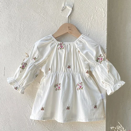 Robe bébé fille broderies fleurs manches longues coton doux princesse