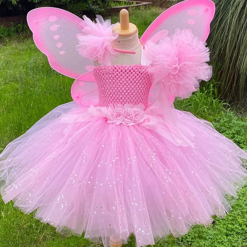 Robe de fée rose pour enfants costume Tutu paillettes ailes détachables