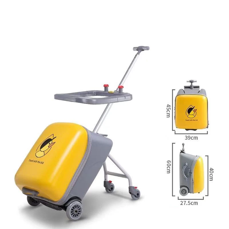 Valise roulante pour enfant avec chariot pliable jaune et grise dimensions 39x45x275 cm idéale pour voyages en