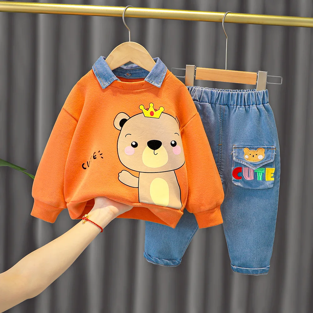 Ensemble bébé garçon 04 ans sweatshirt orange ours jeans bleu coton