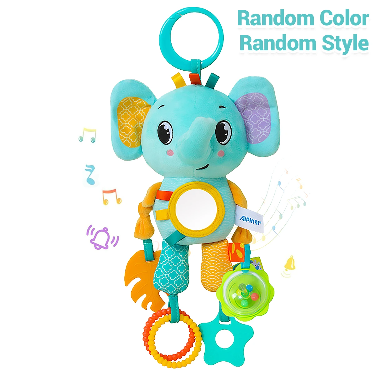 Jouet d'éveil sensoriel pour bébé éléphant en peluche avec miroir textures anneaux colorés tissu doux idéal po
