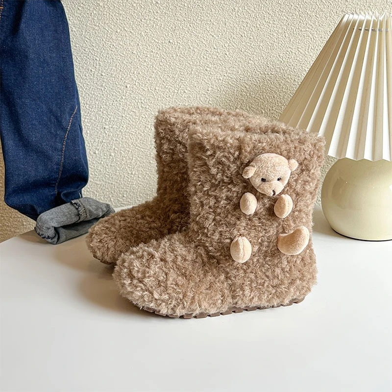 Chaussons d'intérieur en peluche pour enfant fille style coréen doux et chaud non glissant couleur brun clair 