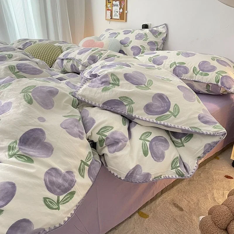 Parure de lit en coton doux floral pour filles drap de lit couette taie d'oreiller linge de lit bébé chambre f