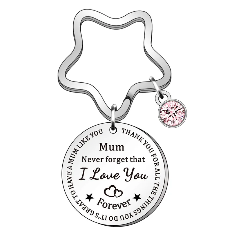 Porteclé étoile métal argenté gravé message Cristal rose bijou cadeau