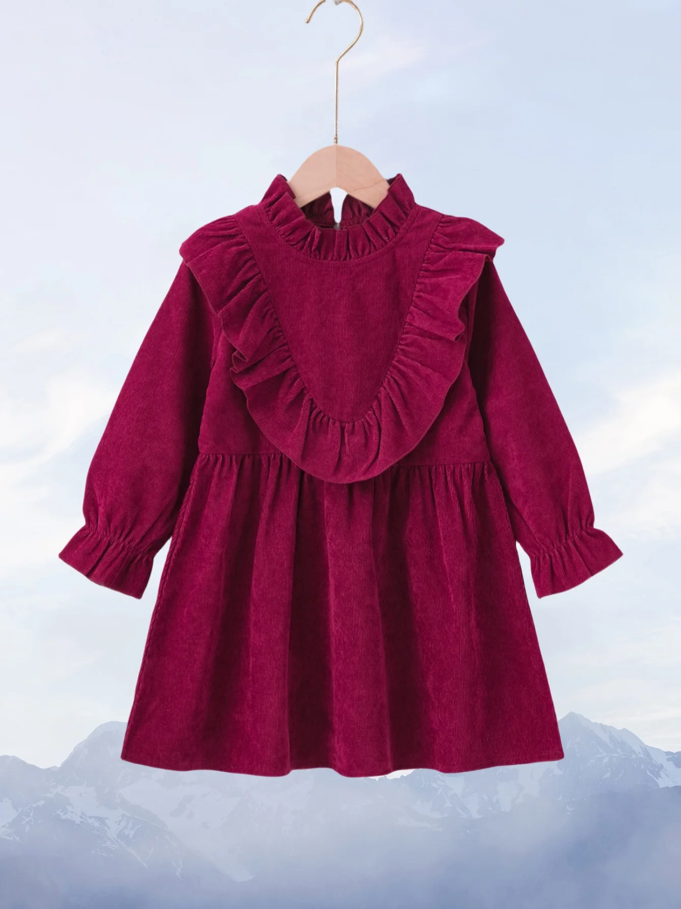 Robe fille en velours bordeaux col à volants manches froncées occasionnels formels style élégant 46 ans qualit