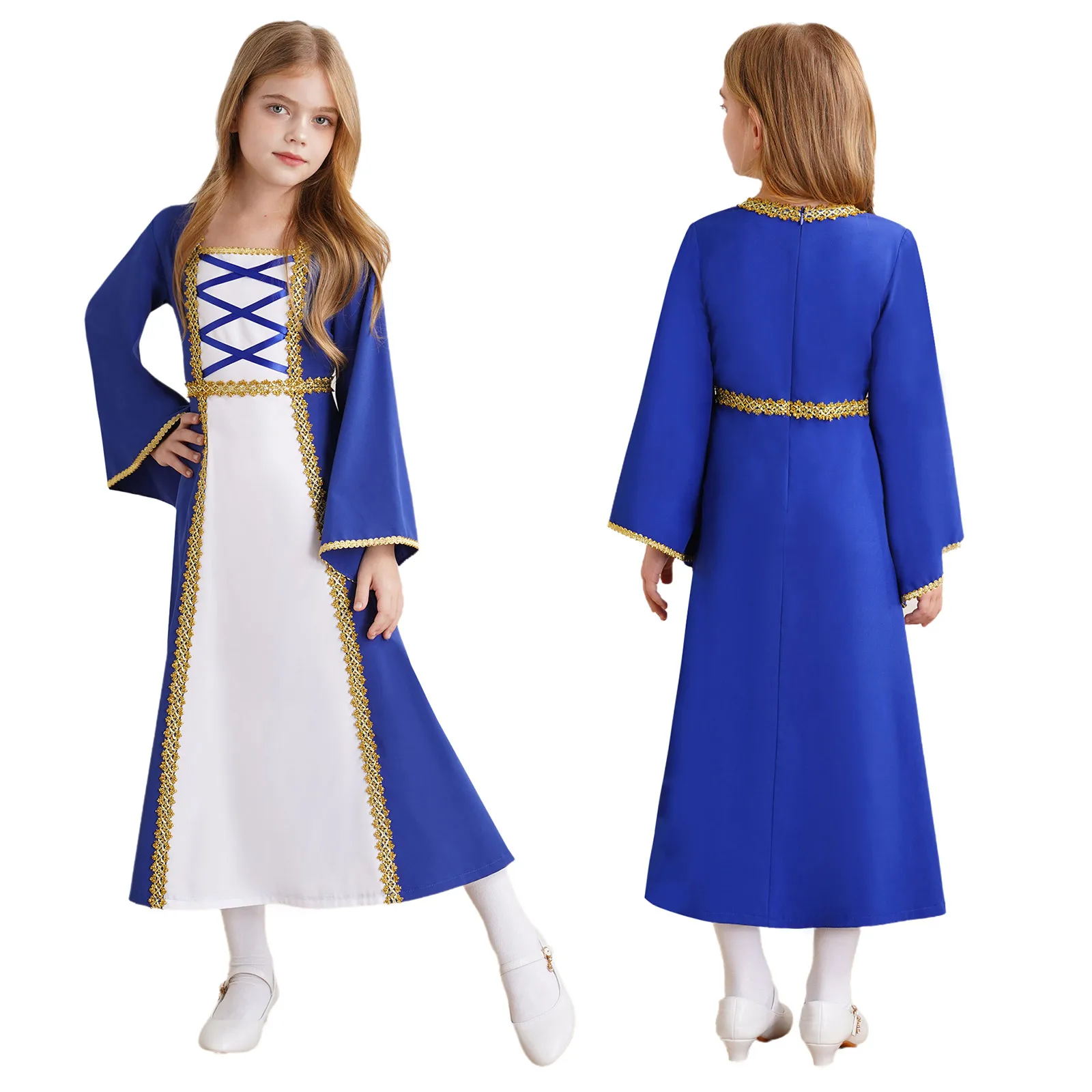 Robe princesse médiévale fille Costume déguisement carnaval Style vintage Manches évasées Détails dorés Hallow