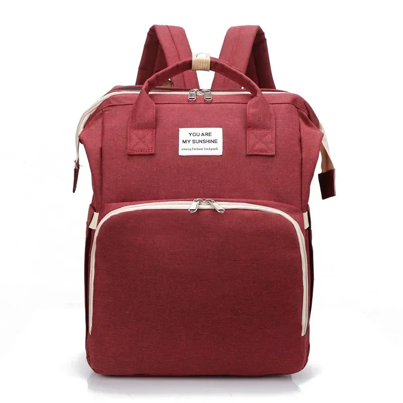 Sac à dos bébé maman épaule portage tissu polyester nylon rouge fermeture éclair poches extérieures intérieure