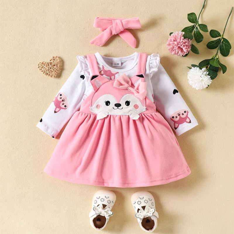 Ensemble pour nouveauné fille robe manches longues motif renard accessoires inclus vêtements bébé fille 018 mo