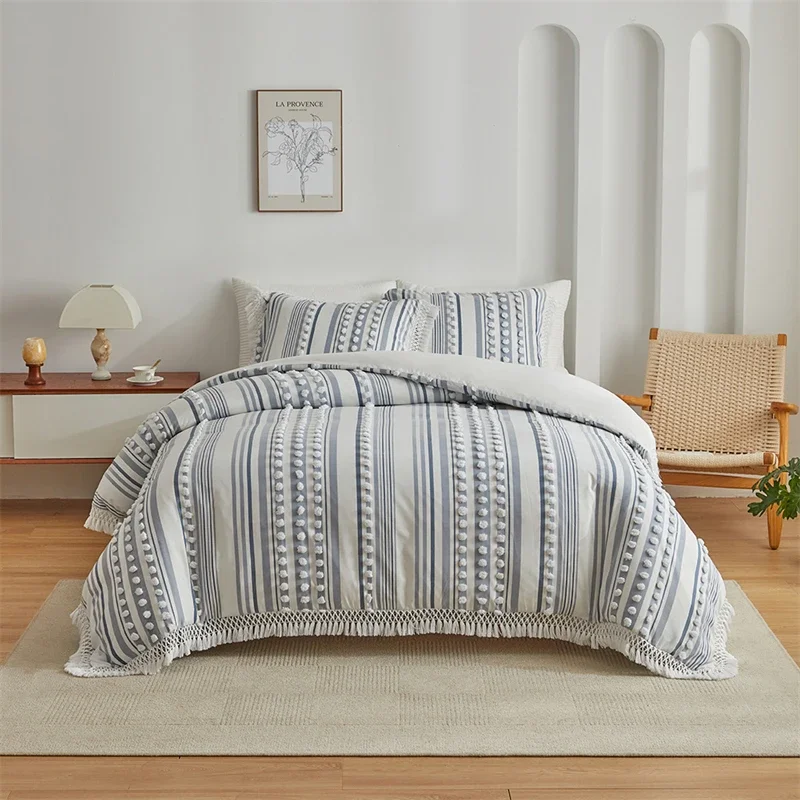 Ensemble literie boho stripe couette et taie d'oreiller pompons et franges style ethnique couleur bleue haute 