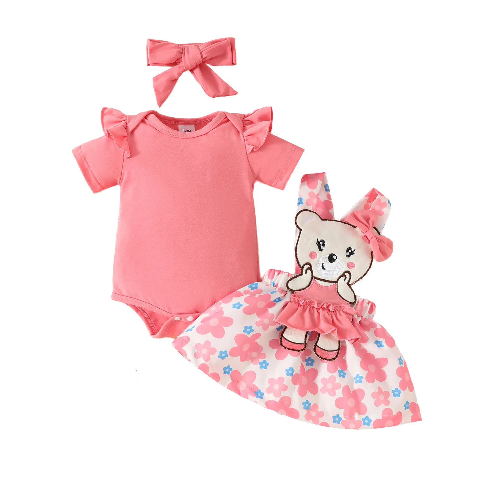 Ensemble de Vêtements pour Bébé 3 Pièces Tenue Été Body et Jupe à Bretelles Design Ours et Fleurs Doux en Coto
