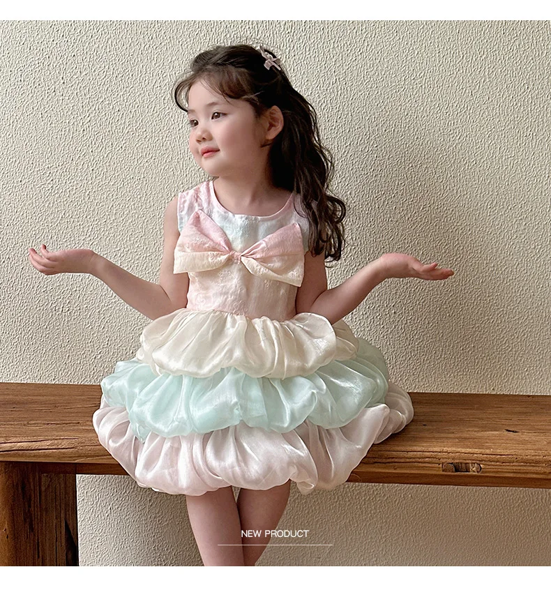 Robe d'été bébé fille sans manches fleur en bourgeon nœud en tissu mode