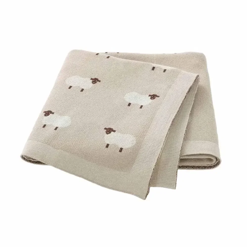 Couverture bébé moutons blanket coton tricoté doux hypoallergénique nouveauné beige motifs enfantins literie p